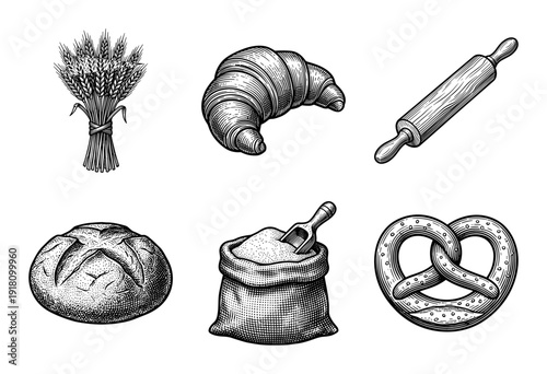 Vintage engraving style bakery set featuring wheat stalks, croissant, rolling pin, sourdough bread loaf, sack of flour, and traditional pretzel.