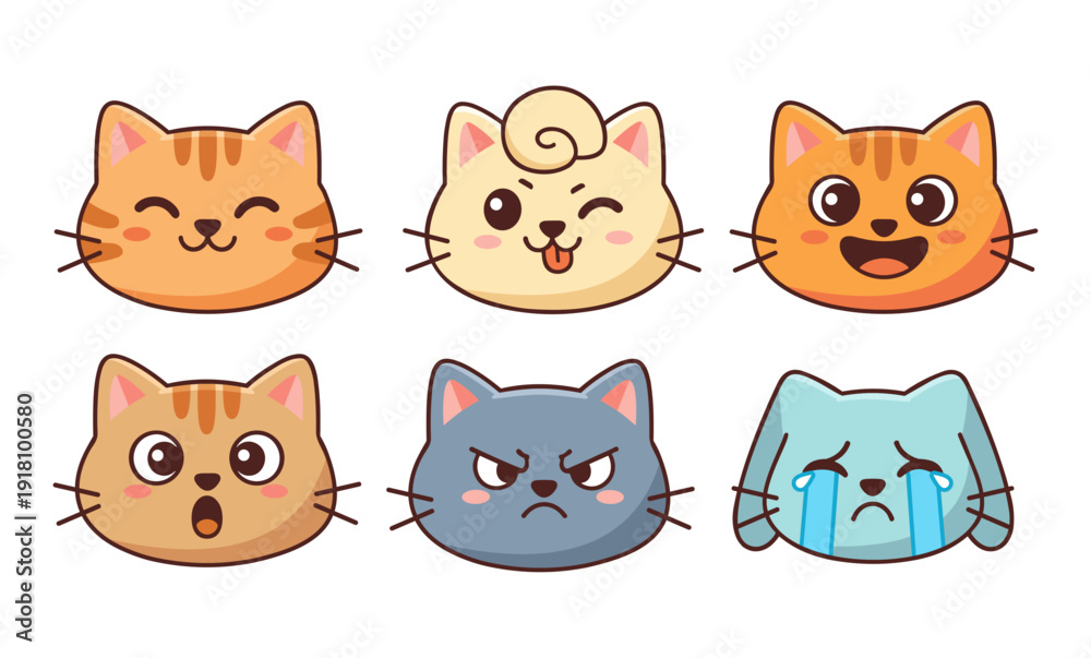 Obraz premium Cute Cat Emoji Faces Set with Different Emotions Flat Vector Illustration. Clean Outlines, Soft Pastel Colors, and Minimal Design.