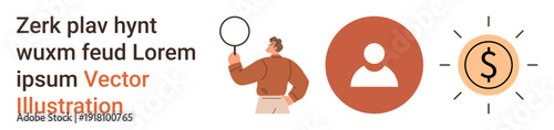 Business strategy, financial growth, user identification, personal analytics, goal setting, investigation. A person using a magnifying glass, a user icon and a dollar sign symbol. Business strategy