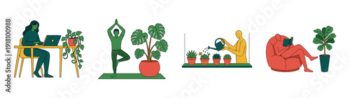 Flat Vector Wellness and Remote Work Lifestyle Graphic Set for Mindfulness and Home Office Design