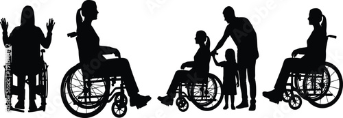 Silhouettes of individuals in wheelchairs, with a caregiver assisting a child and a person showing different poses of independence and support.