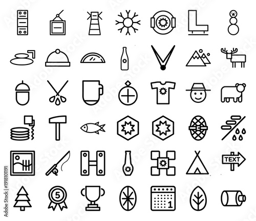 Outdoor adventure and winter recreation icon collection. Heavyweight vector pictograms of a tent, campfire, mountain, reindeer, fish, and sled, thick outline style.