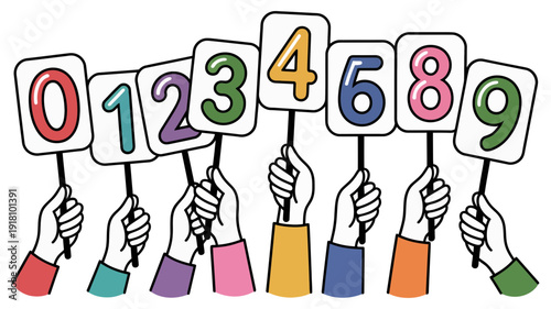 Ten diverse hands are holding up individual number signs from zero to nine in a line.