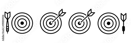A graphic representation of outline dartboard targets with darts, successfully hitting the bullseye.