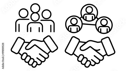 A set of outline icons representing group collaboration, networking, and successful business handshakes.