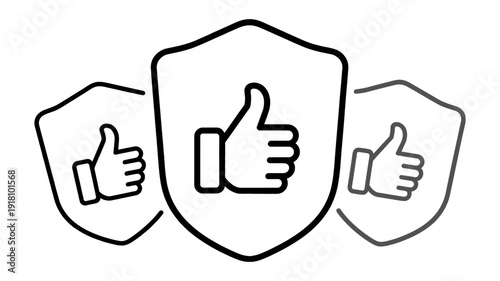 A trio of minimalist outline shield icons, each containing a clear thumbs-up gesture.