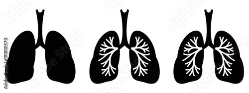 Three distinct black silhouette illustrations showcasing the intricate anatomy of human lungs.