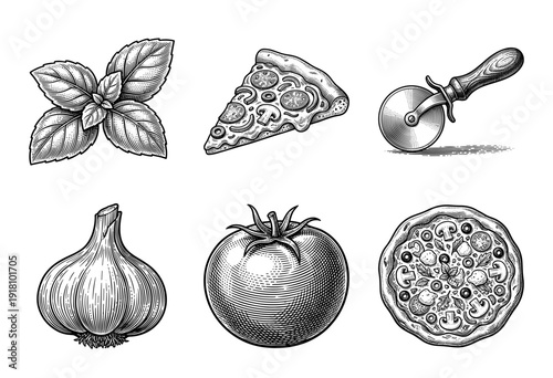 Vintage engraving style pizza ingredient collection featuring a whole pie, slice, cutter, garlic bulb, fresh tomato, and basil leaves in black and white woodcut art.