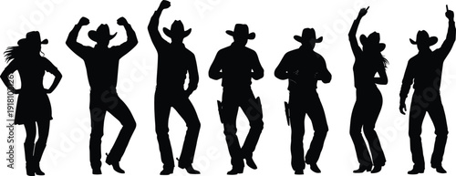 Black, and, white, vector, silhouette, set, of, dancing, cowboys, and, cowgirls, country, music, line, dance, western, party, people, celebration, illustration.