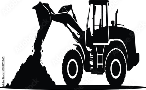 Black silhouette vector of a heavy industrial wheel loader excavator dumping sand or soil on a pile isolated on white background for construction