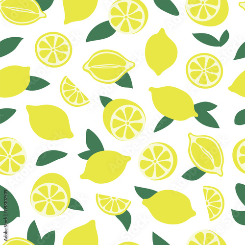 Bright Yellow Lemon and Leaf Seamless Pattern