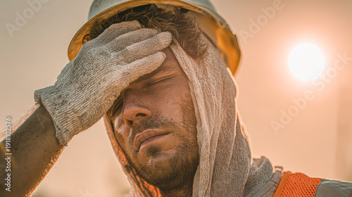A construction worker in a helmet and gloves wipes sweat from his forehead under the bright sun, showing exhaustion and heat stress.