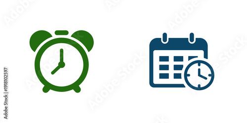 Green alarm clock and blue calendar icon set isolated on transparent background