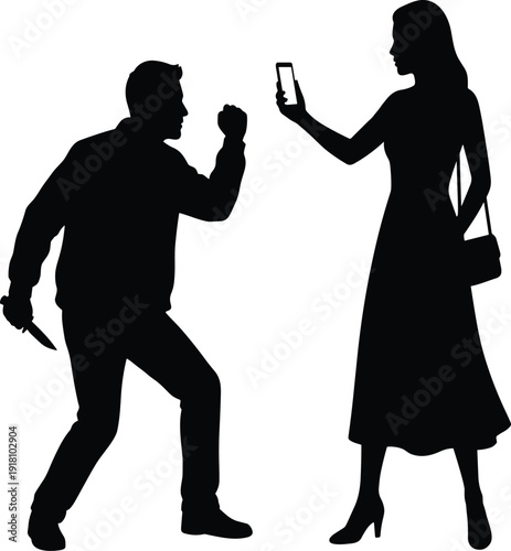 Silhouette illustration of confrontation showing man with knife and woman recording on smartphone, highlighting conflict, danger, technology, lifestyle, and modern society themes