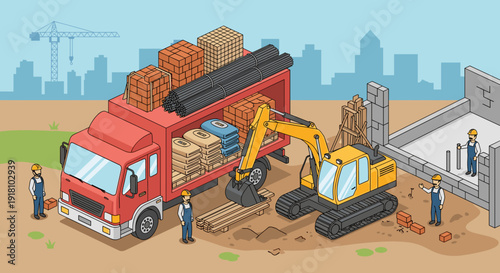 Construction Site with Crane Truck and Excavator.