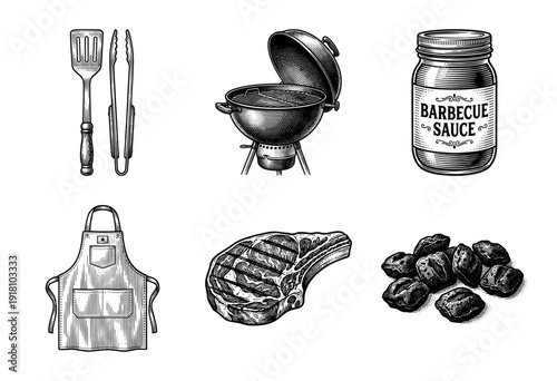 Barbecue and grilling set with vintage woodcut style illustrations of charcoal kettle grill steak meat tools apron and sauce jar.