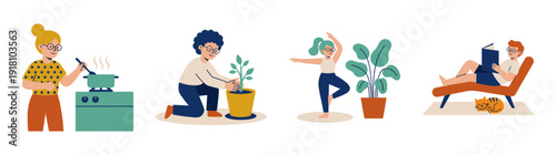 Flat Vector Wellness and Lifestyle Character Element Kit for Self Care and Home Activity Graphic Set