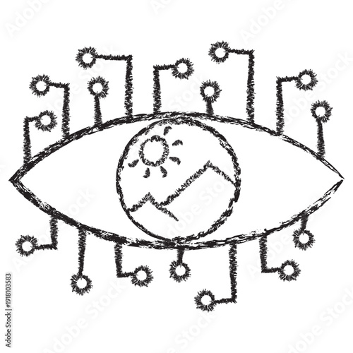 Vector icon of an eye for image recognition. Dark brown charcoal sketch on transparent background style. This graphic symbolizes AI processing visual content