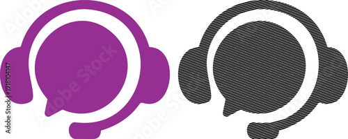 Headphone chat icons in purple and black and white colors for customer support and communication