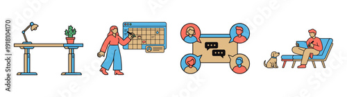 Flat Vector Remote Work and Productivity Graphic Set for Hybrid Office Lifestyle