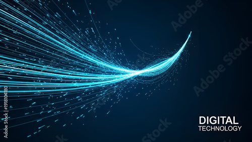 Blue Light Streams Curving in Dark Background with Digital Technology Text