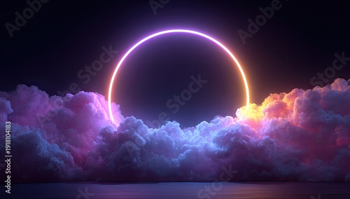 A neon ring floats above fluffy clouds in a moody, colorful scene