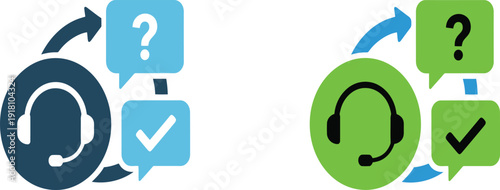 Blue and green headset with speech bubbles question mark checkmark customer service microphone