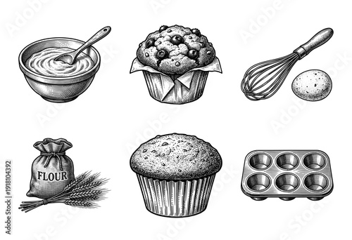 Vintage engraving style collection of muffin baking ingredients and equipment featuring cupcakes, flour, whisk, and baking pan.