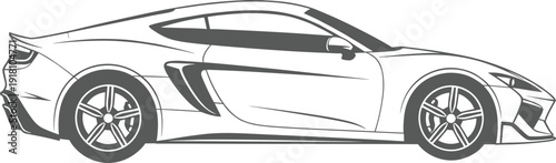 Detailed sports car outline vector illustration side view with grey shading isolated on white background for automotive design