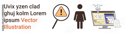 Data security, online privacy, cybersecurity, financial safety, digital alert systems, fraud detection. Warning symbol, person icon and invoice on a computer screen. Data security and fraud