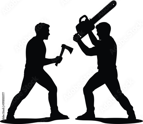 Silhouette of two aggressive figures facing conflict vector illustration, man holding axe and opponent raising chainsaw isolated on white background