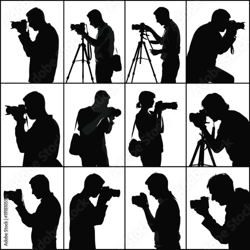 Silhouette photographers using cameras and tripods in diverse poses, creative photography vector illustration set on white background