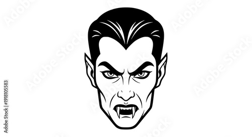 Vampire face vector illustration, sharp fangs, intense eyes, slicked hair, bold black outlines, monochrome flat design, white background, Halloween concept, scalable SVG style