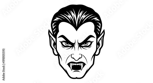 Vampire face vector illustration, sharp fangs, intense eyes, slicked hair, bold black outlines, monochrome flat design, white background, Halloween concept, scalable SVG style