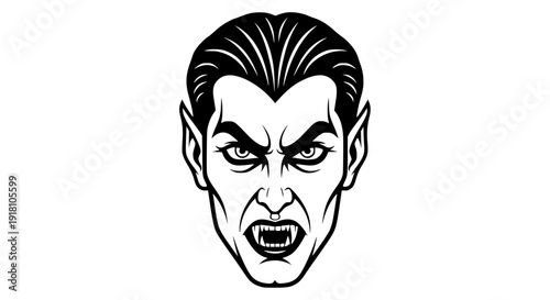 Vampire face vector illustration, sharp fangs, intense eyes, slicked hair, bold black outlines, monochrome flat design, white background, Halloween concept, scalable SVG style