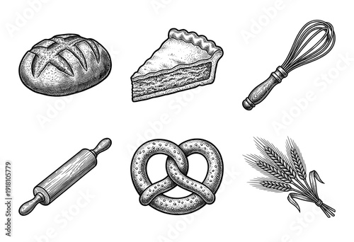 Vintage engraving style bakery collection featuring rustic bread loaf, fruit pie slice, whisk, rolling pin, salted pretzel, and wheat stalks.