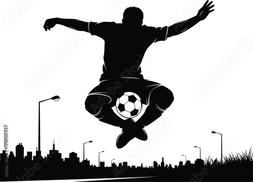 Soccer Player Jumps with Ball Over City Skyline