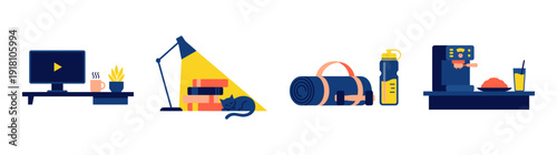 Flat Vector Lifestyle and Productivity Element Kit for Minimalist Work-Life Balance and Home Office Graphics