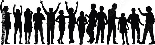 Silhouette vector illustration of diverse group of people standing in line, human poses, interaction, body language, minimalistic design art