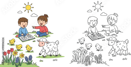 Kids Reading Outdoors with Spring Animals and Flowers - Coloring Page Included