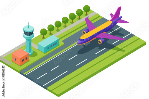 A colorful airplane taking off from a small airport runway