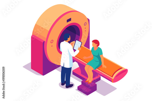 A doctor and patient prepare for an MRI scan in a medical facility