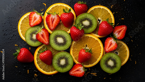 Fresh strawberries kiwi and orange slices on black background