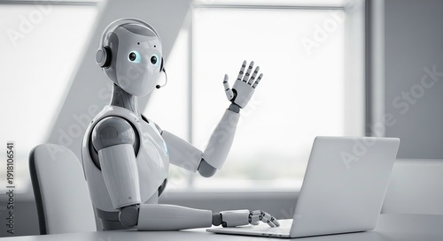Humanoid robot with headset using laptop and waving hand in office