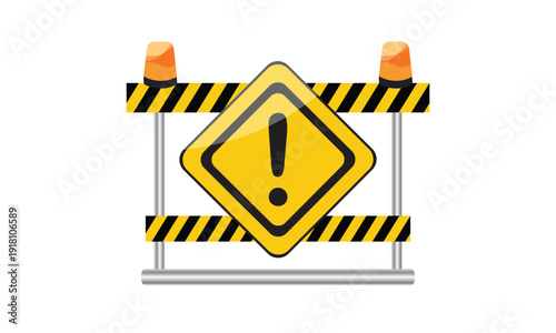 A yellow and black warning sign on a construction barrier