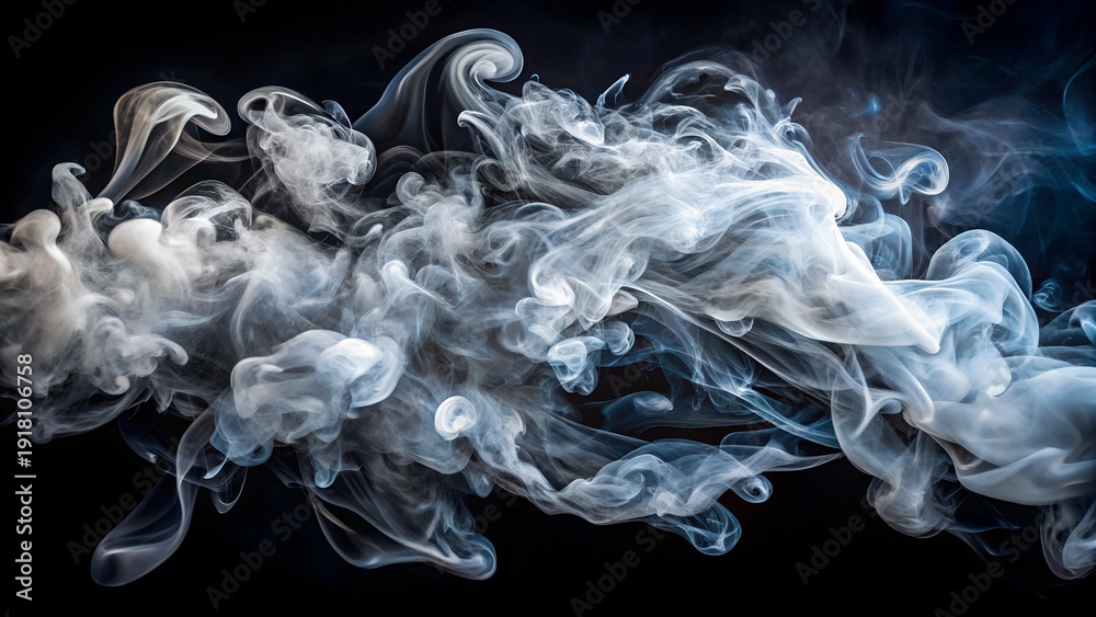 Fototapeta premium Wisps of White and Blue Smoke Swirling Against a Dark Background vapor mist