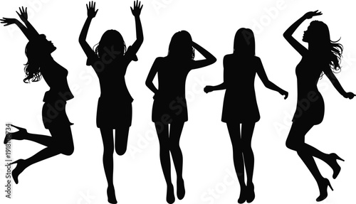 Silhouetted female figures in dynamic dance and fashion poses wearing short dresses and high heels, expressive movement vector illustration