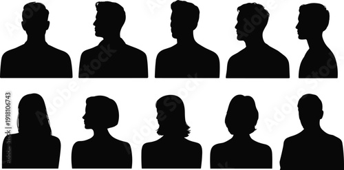 Silhouettes of ten diverse human profiles arranged in two rows, representing identity, gender differences, individuality, and conceptual design elements for creative projects and visual communication.