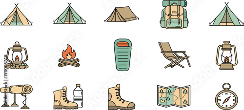 Set of flat line camping and hiking icons featuring tents backpacks campfires lanterns maps compasses sleeping bags and boots for outdoor adventure travel and tourism design.