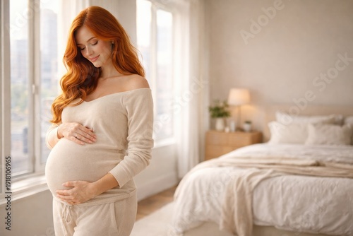 Pregnant woman smiling at home holding baby bump in bright bedroom, joyful motherhood and healthy pregnancy lifestyle concept. Free Download Pregnant woman smiling at home holding baby bump in bright bedroom, joyful motherhood and healthy pregnancy lifestyle concept. - GFXLoad
